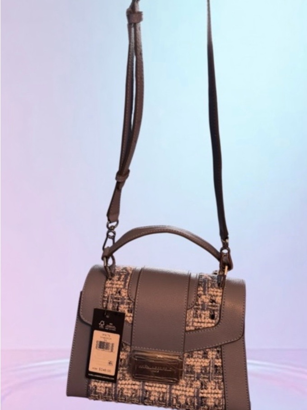 Karl Lagerfeld Light Blue Tweed Top-Handle Mini Bag. MSRP $248.00 - Picture 6 of 13